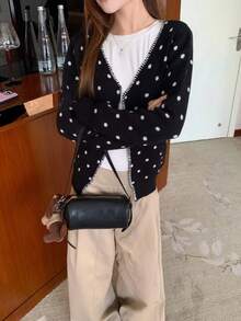 Fashionable Cute Polka Dot Long Sleeve Knit Cardigan - Black - View 6