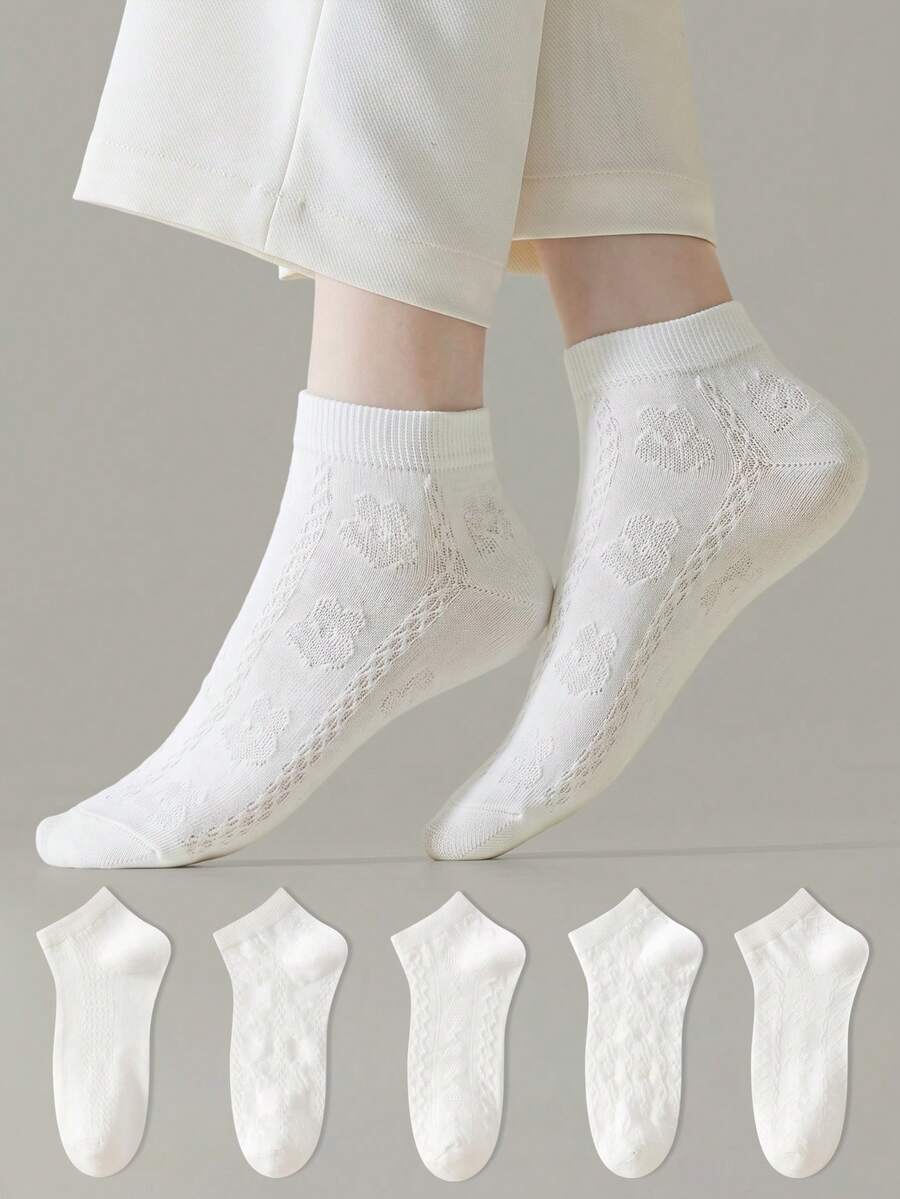 ZUJO 5 Pairs Women's Mesh Lace Trim Pure White Cable Knit Short Socks, Simple And Comfortable, Suitable For Spring, Autumn And Summer - White - View 1
