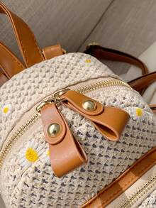 Women's Mini Faux Straw Backpack, Classic Cute 3-In-1 Travel Small Backpack, Back To School - Beige - View 5