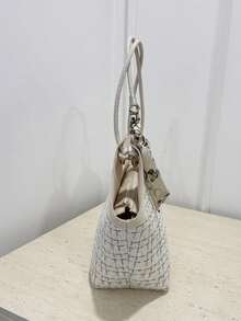 Sac cabas d'épaule en tweed avec décoration de nœud, léger et portable, style décontracté et mode, motif à carreaux, écharpe fine décorative, pour filles, femmes et étudiantes - Blanc - Voir 4
