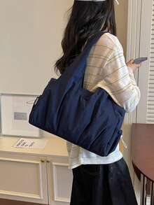 純色極簡時尚休閒百搭大容量托特包，適用於上學、外出與通勤 - 藏蓝色 - 查看 8