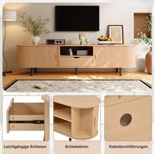 Modern TV Unit Measuring 175x40x55cm, Low Cabinet Type, With Rounded Design And Roll-Up Door, Made Of MDF, Load Capacity Up To 50 Kg, With Drawer And Open Compartments For Living Room, Natural Wood Color. - Natural Color - View 5