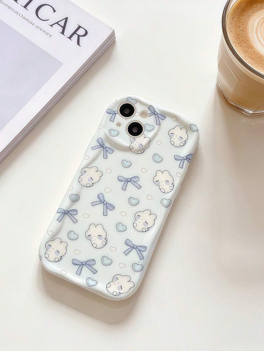 1pc Cream Dopamine Wave Ruffle Soft TPU Texture Cute Heart Bow Rabbit Pattern Phone Case Compatible With Galaxy S21 S22 S23 S24 S25 S26/Honor/ And Other Models - White - View 1