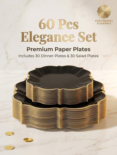 60pcs Disposable Gold & Black Foil Paper Plates, Suitable For Party/Celebration/Anniversary, Including 30 Lunch Plates And 30 Dessert/Salad Plates