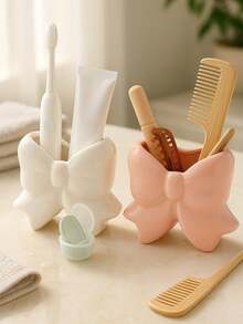 1pc Bowknot Toothbrush Holder, Cute Pink Decorative Bathroom Toothbrush Storage Organizer, Suitable For Vanity Countertop - Multicolor - View 9
