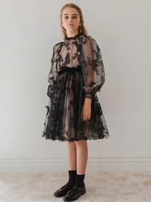 Tween Girl Black Lace 3D Bow Tulle Princess Dress, Suitable For Children's Birthday Party, Flower Girl, Wedding, Prom, Holiday Celebration - Black - View 3