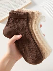 5 Pairs Maillard Color Cable Knit Women's Short Socks, Non-Slip Comfortable Breathable Moisture-Wicking, Suitable For All Seasons, Suitable For Sports And Casual Wear - Multicolor - View 2