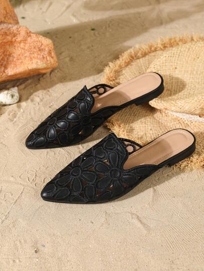 HGUIGJ Women's Summer New Pointed Toe Hollow Out Slide Sandals, Retro Vacation Style Slip-On Mule Shoes, Suitable For Outdoor Travel, Beach Vacation, Daily Shopping