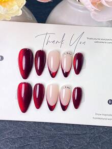 10 Pieces Of Handmade Press On Nails,Nails,Fake Nails,Summer Nails,Red Cat Eye Nails,With Burgundy Red Gradient V-Tips Or Hand Paint Red Flower,With A Row Of Shiny Clear Rhinestones,Perfect For Daily Wear,Dates And Party Holiday Occasions. - Red - View 12
