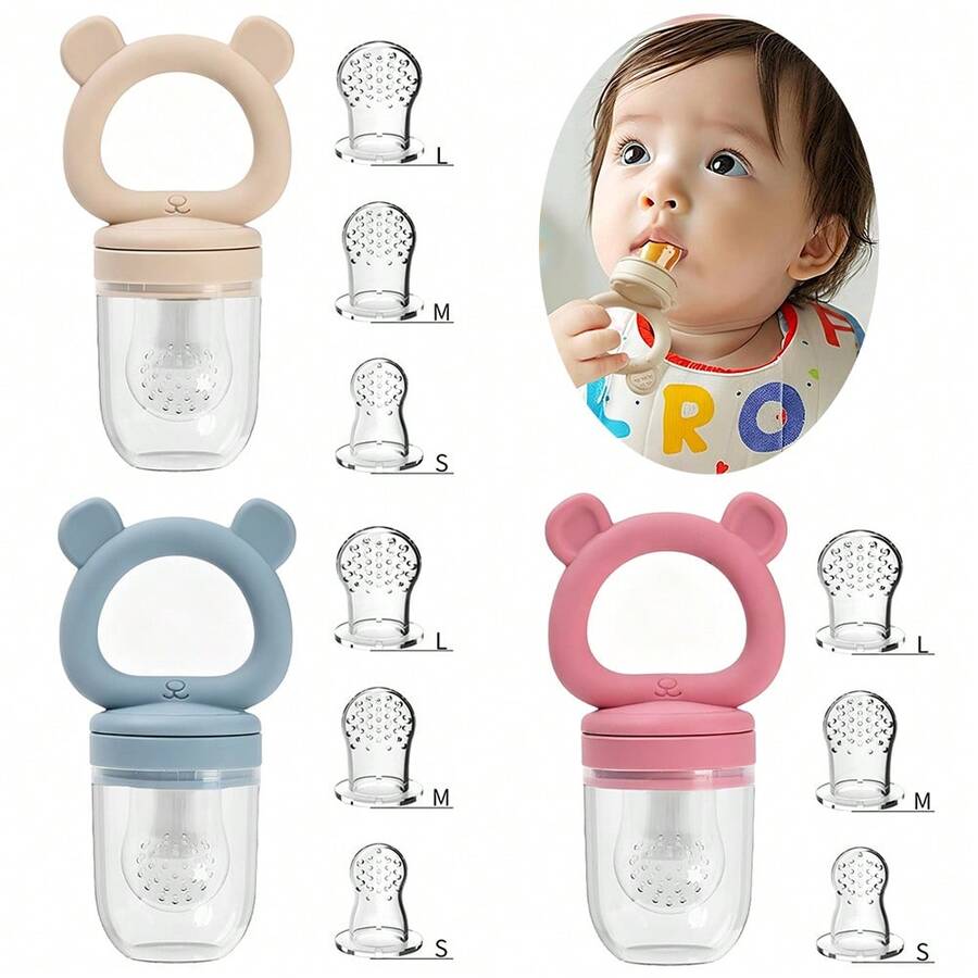 4PCS/Set Bear Teething Fruit & Vegetable Pacifier With 3 Extra Teething Bags S M L, Silicone Feeder Set, Fruit & Vegetable Complementary Food Tool - Multicolor - View 1