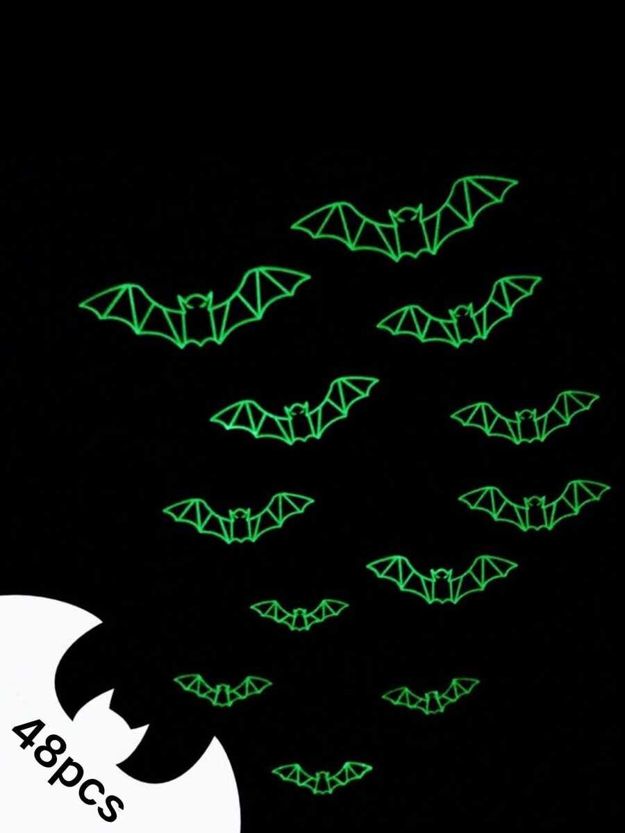 48 piezas Pegatinas de pared de murciélagos que brillan en la oscuridad para Halloween, calcomanías de murciélagos 3D realistas y aterradoras de color negro fluorescente, adecuadas para decoración del hogar espeluznante, decoración de fiesta de Halloween, pegatinas de pared DIY, decoración interior de baño - Ver 1