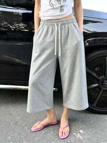 Women's Loose Mid-Length Sports Shorts, Casual Wide Leg Drawstring Bermuda Lounge Pants Summer - Light Grey - View 1