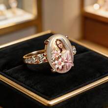 Virgin Mary Lily Pattern Oval Shaped Artificial Gemstone Ring, Gold-Tone Rhinestone Band, Women's Catholic Religious Jewelry, Perfect Gift For Girlfriend - Gold - View 2