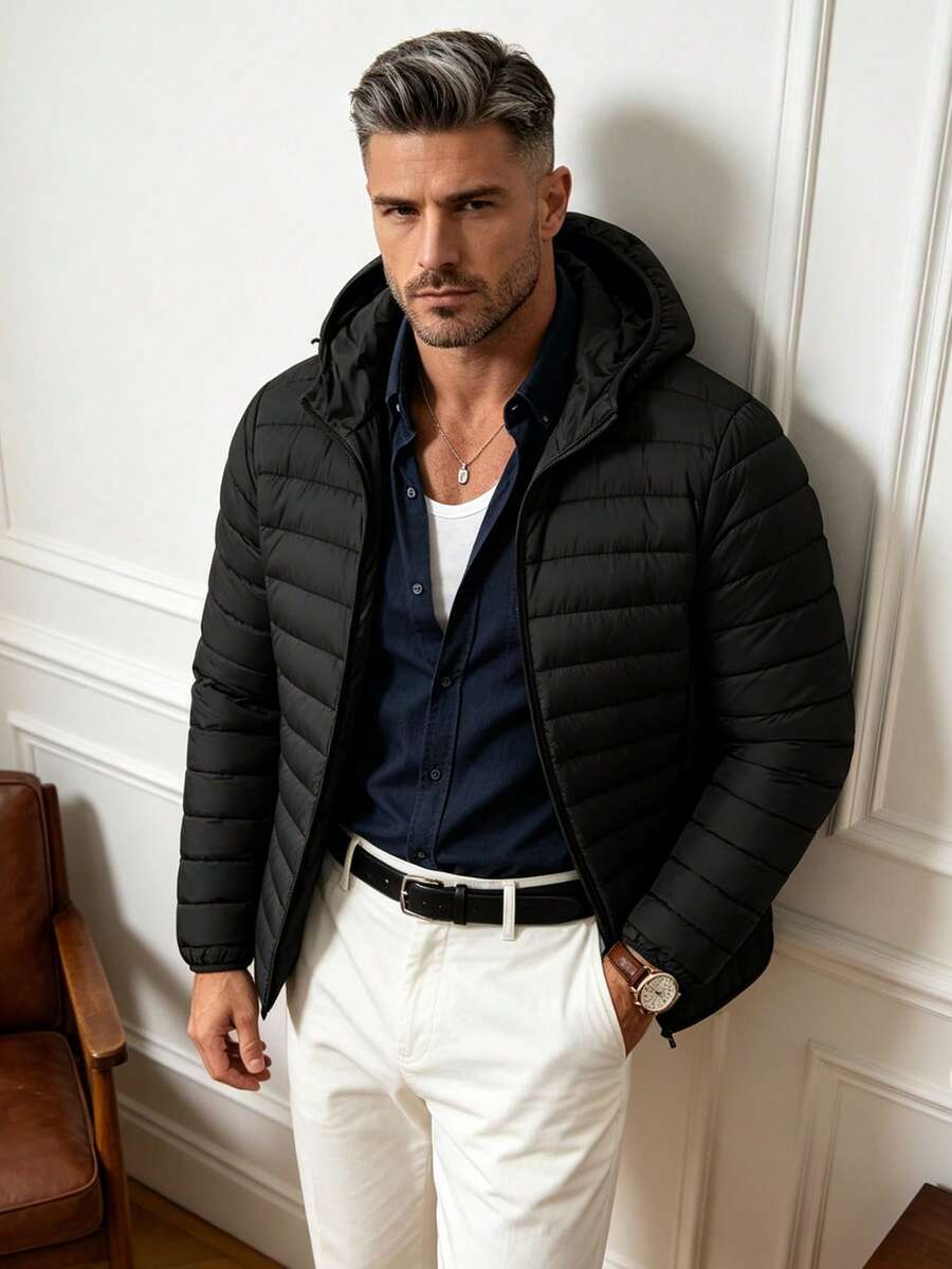 Men's Winter Solid Color Minimalist Versatile Casual Hooded Padded Coat - Black - View 1