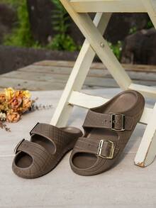 New EVA Thick Sole Slippers, Casual Comfortable Outdoor Wear Sandals, Double Buckle Adjustable Size, Lightweight Non-Slip Beach Shoes For Women - Khaki - View 6