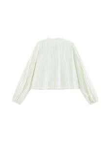 Korean Chic Spring New Vertical Stripe Ruffle Sweet Elegant Blouse - Apricot - View 5