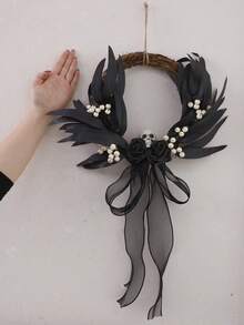 1pc Halloween Black Vine Wreath, Skull Rose Door Hanging, Black Leaf Door Decor, Woven Round Wreath, Gothic Style Door Ring, Front Door Hanging Decoration, Entryway Wall Hanging, Halloween Porch Decoration, Skull Wreath, Black Rose Decor, White Berry Accents, Gauze Ribbon Bow Hanging Decoration, Party Photo Prop, Suitable For Front Door, Living Room, Fireplace, Wall, Windowsill, Display Window, Coffee Corner, Restaurant, Office, Party Table, Halloween Holiday Decoration, Can Be Used For Doorway Welcome Decoration, Indoor Wall Hanging - Gothic Style Ornament C - View 7