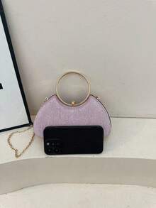 Metallische Glitzer Abend-Clutch mit rundem Griff, formelle Kleider-Handtasche, kleine Party-Bankett-Umhängetasche mit Metallkette - Pink - Übersicht 2