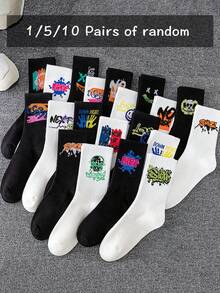 1pair/5pairs/10pairs Random Black & White Graffiti Design Unisex Mid-Calf Socks, Suitable For Daily Wear - Multicolor - View 2