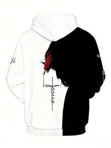 JUNQi Colorblock Faith Cross Sweatshirt, Jesus Text Graphic Drawstring Pullover, Lightweight Comfortable Religious Streetwear Casual Men's Top - Multicolor - View 2