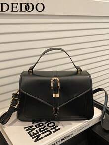 Dedoo Minimalist Flap Handbag, Metal Clasp Closure, With Top Handle And Adjustable Crossbody Strap, Rectangular Medium Size Daily Shoulder Bag, For Women - Black - View 9