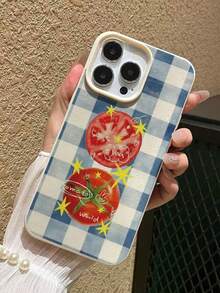 Blue Plaid Tomato Pattern Full Coverage Anti-Drop Protective Phone Case Compatible With IPhone 17/16/15/14/13/12/11 Pro Max - Multicolor - View 2