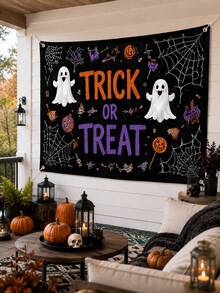 1件裝黑色萬聖節 Trick Or Treat 幽靈印花牆掛布，萬聖節風格聚酯纖維長方形掛旗，含蜘蛛網、糖果與南瓜元素，適用臥室、宿舍、派對、鬼屋與秋季裝飾 - 多色 - 查看 1
