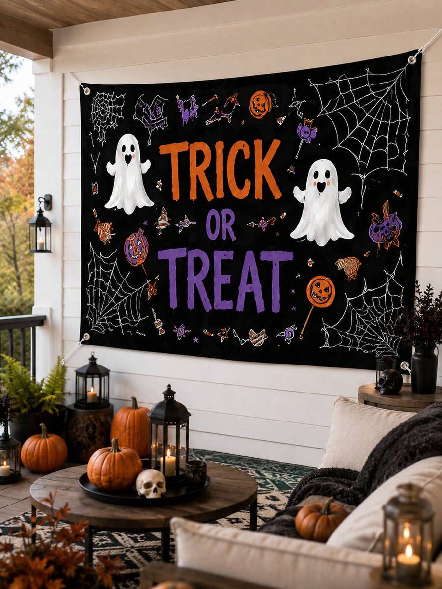 1件裝黑色萬聖節 Trick Or Treat 幽靈印花牆掛布,萬聖節風格聚酯纖維長方形掛旗,含蜘蛛網、糖果與南瓜元素,適用臥室、宿舍、派對、鬼屋與秋季裝飾 - 多色 - 查看 1