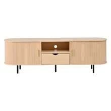 Modern TV Unit Measuring 175x40x55cm, Low Cabinet Type, With Rounded Design And Roll-Up Door, Made Of MDF, Load Capacity Up To 50 Kg, With Drawer And Open Compartments For Living Room, Natural Wood Color. - Natural Color - View 7