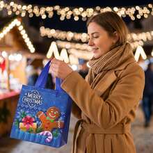 CARRIECUR Knit Pattern Christmas Reusable Non-Woven Tote Gift Bags, 4 Designs Santa Xmas Tree Gingerbread Gift Box Print Multicolor Handle Goodie Bags For Christmas Gift Wrapping, Xmas Party Favors, Winter Birthday & Retail Holiday Packaging Supplies - View 5