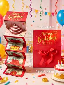 Kotak Uang Ulang Tahun Pop-Up 3D, Set 7 Buah (Kotak + Amplop Merah + Pita + 4 Halaman Stiker), Kartu Pop-Up 6 Slot Foil Hitam & Emas, Termasuk Stiker Usia & Huruf DIY, Hadiah Kejutan untuk Orang Dewasa dari Segala Usia - View 6
