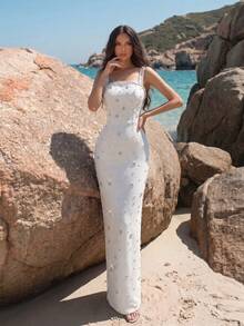 New Sexy Spaghetti Strap Square Neck Backless High-End Rhinestone Floral Design Solid Color Slim Fit Flattering Long Bridesmaid Dress - White - View 3