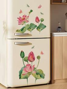 1pc Fresh Watercolor Green Leaf Pink Lotus Dragonfly Wall Decor Sticker, Removable Room Decoration Wall Decal For Living Room, Entryway, Bathroom - 1PC - View 5