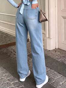 Jeans casuales y versátiles de unicolor, de corte y delgado con bolsillo, para primavera - Azul lavado medio - Ver 4
