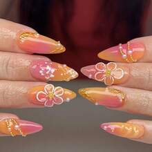 24Pcs Flower Press On Nails Medium Almond Fake Nails With 3D Pearl Charms Design Glossy Orange Full Cover Stick On Nails Handmade False Nails Spring Summer DIY Manicure For Women Acrylic Nails - 豐富多彩 - 查看 4