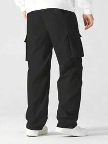 Men's 2pcs Set Multi-Flap Pocket Drawstring Wide Leg Cargo Pants, Square FS Label Casual Outdoor Sports Loose Straight Leg Practical Long Pants Fall - Multicolor - View 3