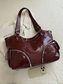 Vintage Large Capacity Tote Bag For Women, New Popular Minimalist Commuter Shoulder Bag - Red - View 3