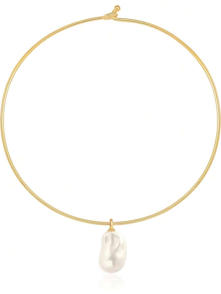 18K Gold Plated Cuff Choker Necklace For Women Chunky Wire Chain Collar Jewelry - Round Wire Baroque Pearl - View 1