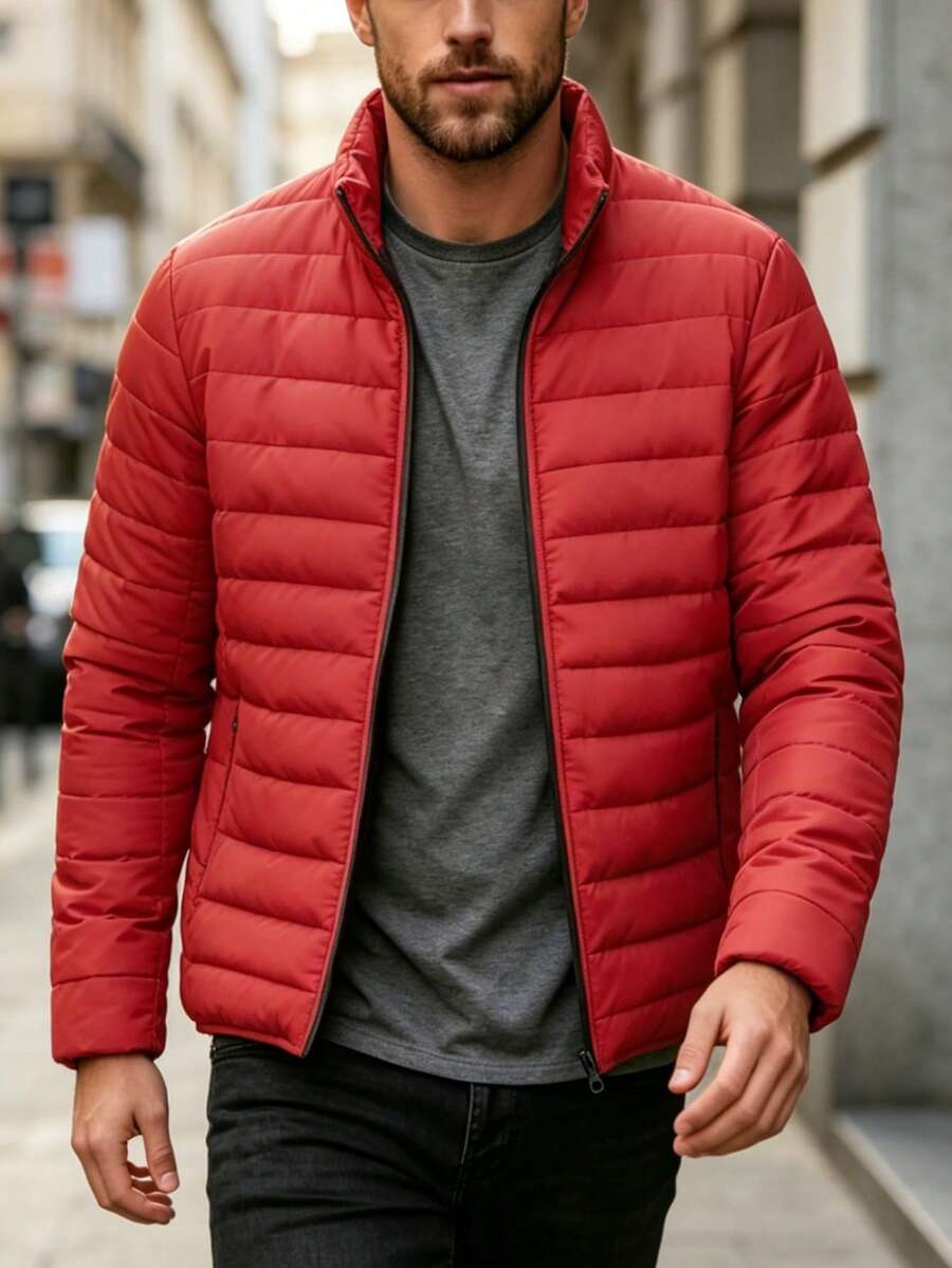 1pc Men's Autumn/Winter Versatile Stand Collar Motorcycle Padded Padded Coat, Lightweight Warm Quilted Coat For Daily Wear, Office Commute - Red - View 1
