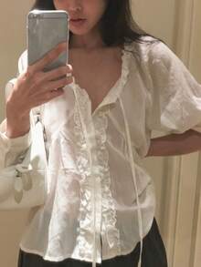 Korean Style Gentle Elegant V-Neck Ruffle Lace Tie-Front Versatile Solid Color Blouse White - White - View 3