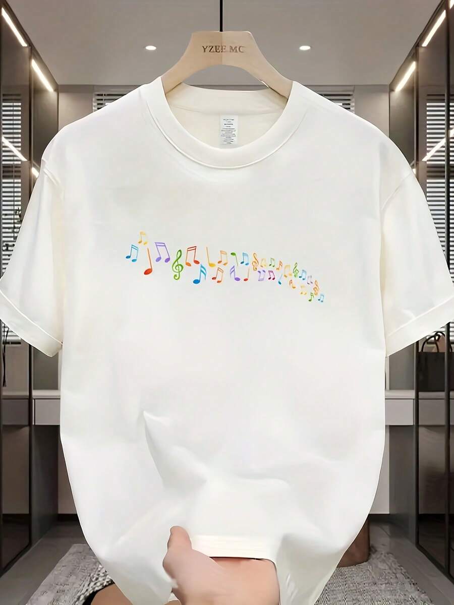 A Round-Neck Short-Sleeve T-Shirt Featuring A Colorful Music Note Pattern Print On The Front. The Vibrant Note Elements Convey A Lively, Music-Related - 白色 - 查看 1