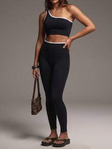 PinkTip High Waist Yoga One Shoulder Cropped Top And Leggings Set, Suitable For Gym, Pilates Practice And Street Wear - Black - View 6