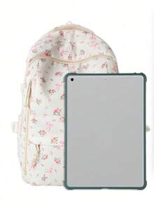 New Back To School Season Fashion Printed Women's Backpack, Multi-Compartment Pocket Design, Thickened Student Backpack, Waterproof Backpack, With Teddy Bear Pendant Accessory, Large Capacity - White - View 7