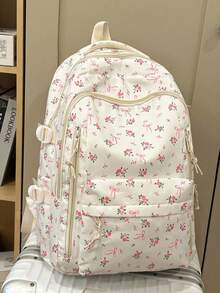 New Back To School Season Fashion Printed Women's Backpack, Multi-Compartment Pocket Design, Thickened Student Backpack, Waterproof Backpack, With Teddy Bear Pendant Accessory, Large Capacity - White - View 5