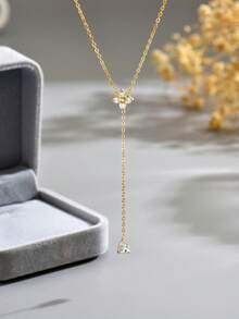 LIEBEIRIS 1pc 18K Gold Plated Y-Shaped Necklace With Flower And Water Drop Stone Inlay, Stainless Steel Necklace For Women, Suitable For Daily Wear And Gift Giving - Gold - View 2