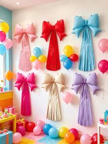 2pcs/Set Bow-Shaped Foil Tassel Ribbon Aluminum Film Balloons, Bow-Shaped Tassel Ribbon Design, Suitable For Wall Hanging, Photo Background Decoration And Other Decorative Scenes. Various Balloon Styles, Suitable For Birthday Parties, Bachelor Parties, Weddings And Gender Reveal Parties And Other Indoor Decoration Occasions. - One-piece Bow Tassel - View 5