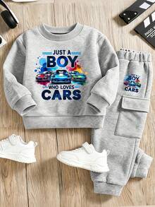 Set Baju Sweatshirt Hangat Leher Bulat Motif Kartun dan Celana Panjang dengan Saku untuk Bayi Laki-laki - Grey - View 1