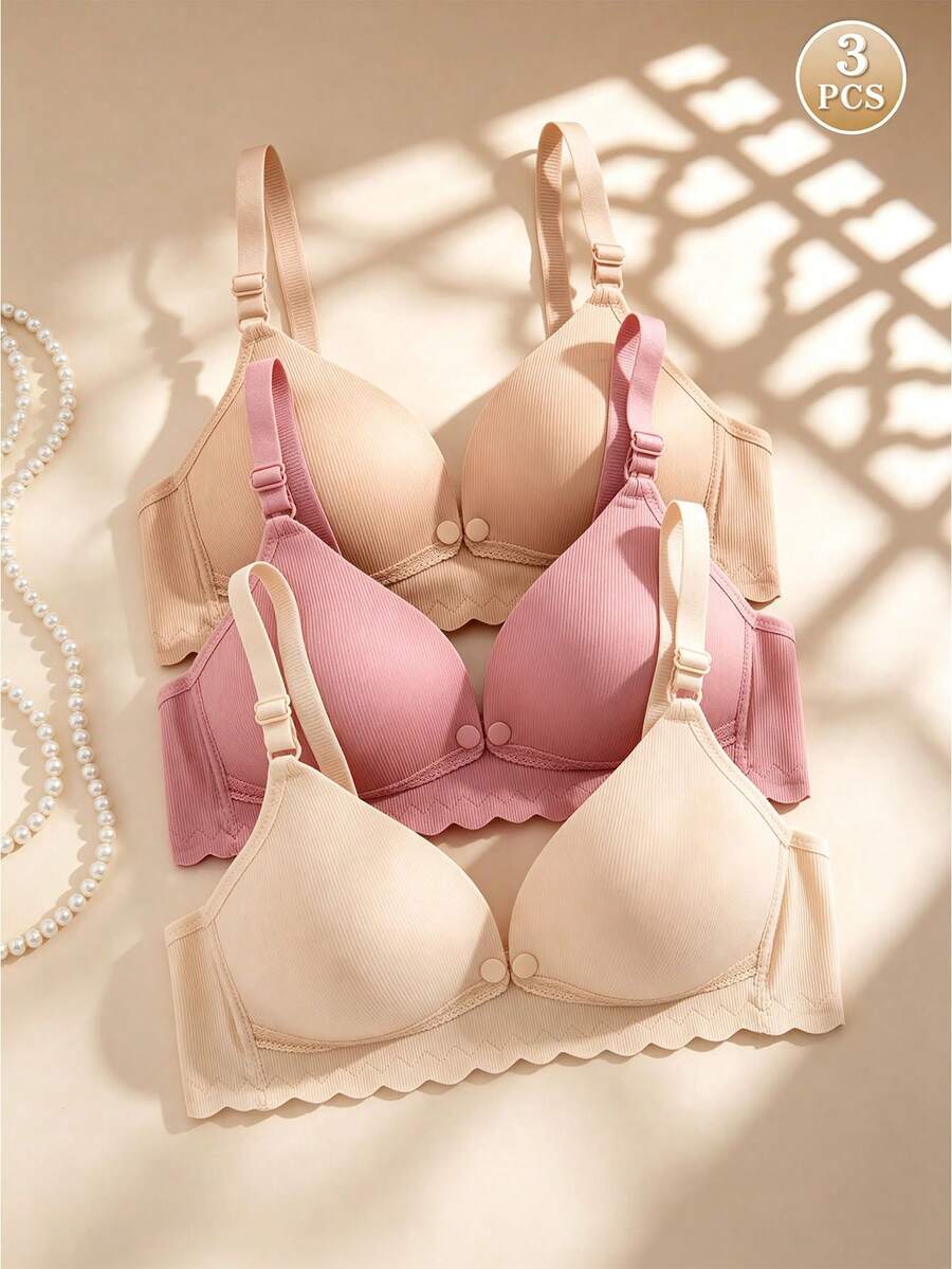 3件套女士前开扣无钢圈舒适透气哺乳孕妇文胸 - 彩色 - 查看 1