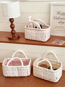 Rose Small Storage Basket With Gentle Floral Quilted Design, 2-Color Lining Options, For Bedroom, Dorm, Cosmetics, Skincare, Small Items, Clutter, Desktop Organization Storage - Multicolor - View 1