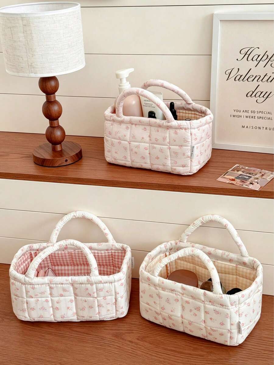 Rose Small Storage Basket With Gentle Floral Quilted Design, 2-Color Lining Options, For Bedroom, Dorm, Cosmetics, Skincare, Small Items, Clutter, Desktop Organization Storage - Multicolor - View 1